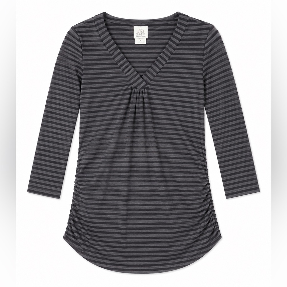 Striped Black and Gray 3/4 Sleeve Maternity Top